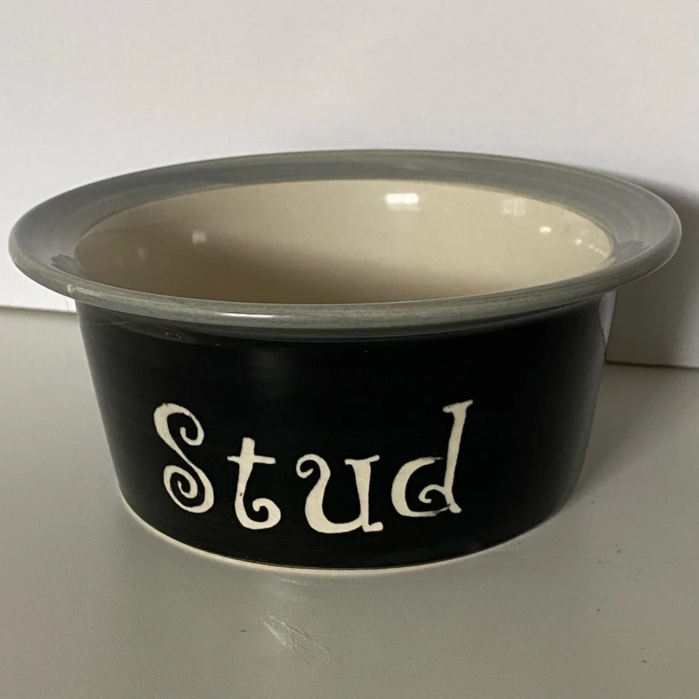 Dog Bowl “Stud” Ceramic 6” Black Gray Alco Industries 2.5” High Boy Cat Doggy